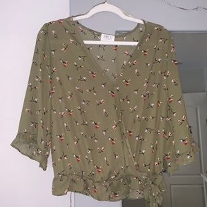 Military Green Blouse with floral print. Size L
